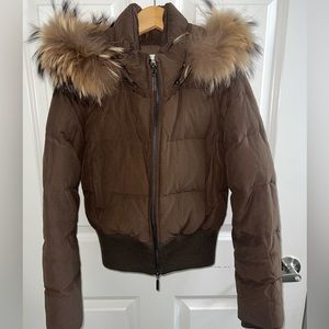 Vince Cropped Down Puffer Jacket with Removable Hood & Fur Lining brown sz XS